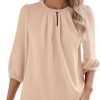 V Neck Puff 3/4 Length Sleeve Womens Tops Dressy Casual Chiffon Work Blouses Pleated T-Shirts Loose Fit S-XXL