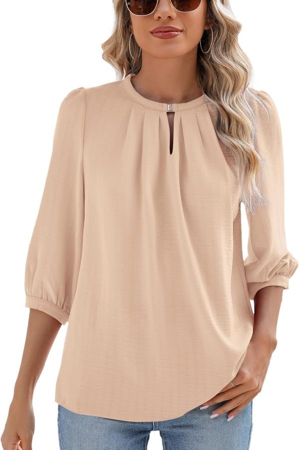 V Neck Puff 3/4 Length Sleeve Womens Tops Dressy Casual Chiffon Work Blouses Pleated T-Shirts Loose Fit S-XXL