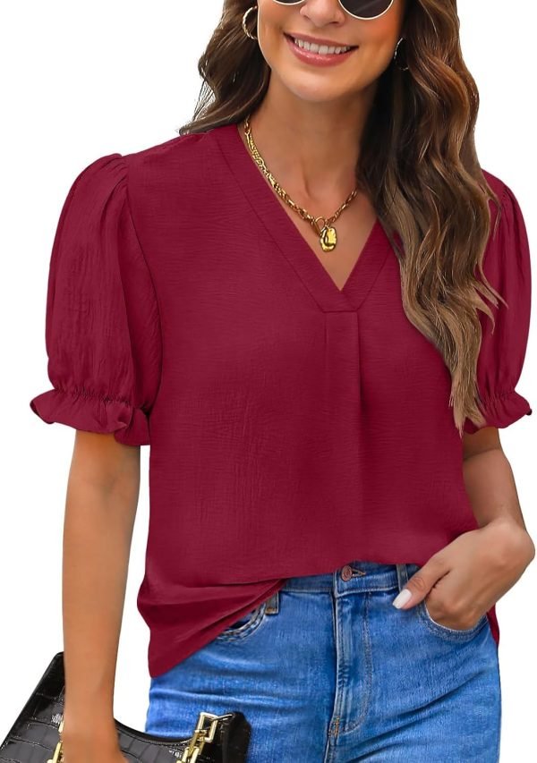 71ThtMsT0CL._AC_SL1500 Women Dressy Casual Puff Short Sleeve Summer Tops V Neck Work Blouses