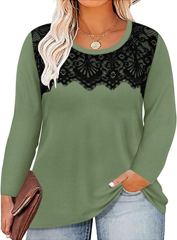 71UAONhI33L._AC_SL1200 Plus Size Lace Tops for Women Long Sleeve Crewneck Pullover Fall T-shirts Tunics Basic Tees T-Shirts XL-5XL