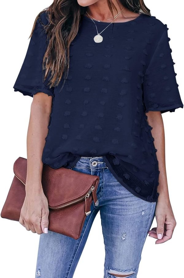 71Uq0koqvaS._AC_SL1500 Womens Chiffon Blouse Summer Casual Round Neck Short Sleeve Pom Pom Shirts Top