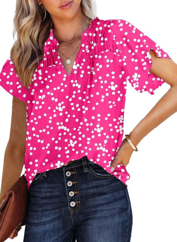 71Uz8Ts7eHL._AC_SL1500 Women's Casual V Neck Alicia Floral Print Smocked Short Sleeve Chiffon Blouses Bohemian Top Shirts