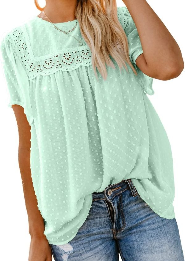 71V5v71j7mL._AC_SL1500 Womens Crewneck Lace Crochet Pom Pom Flowy Short Sleeve Casual Shirts Blouses Tops