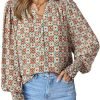 Women's Casual V Neck Easel Floral Print Long Sleeve Blouses Smocked Button Down Shirts Bohemian Top