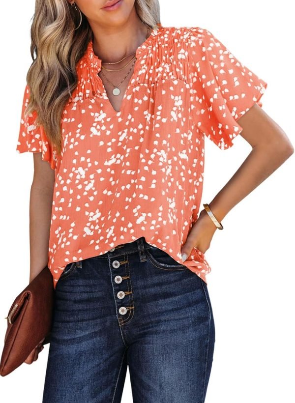 71VES2CEVxL._AC_SL1500 Women's Casual V Neck Floral Print Smocked Short Sleeve Chiffon Blouses Bohemian Top Shirts