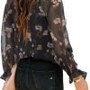 Womens Casual Boho Floral Print V Neck Long Sleeve Blouses Button Down Shirts Dressy Chiffon Loose Ruffle Tops