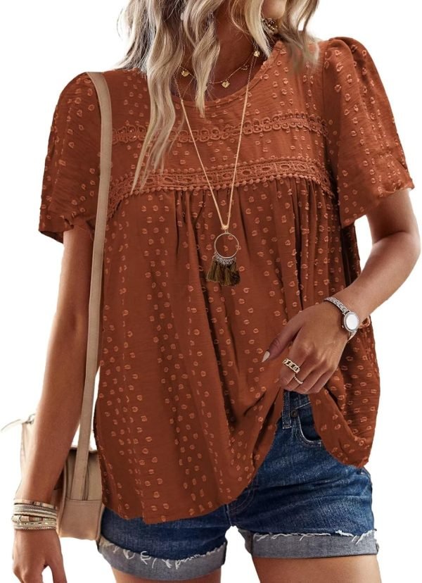 71Vd-J3QlKL._AC_SL1500 Womens Summer Tops Crewneck Short Sleeve Shirts Casual Chiffon Blouses Flowy Lace Hem Boho Clothing Trendy 2024