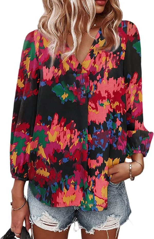 Women's Long Sleeve V Neck Shirt Dressy Pleated Top Casual Loose Chiffon Blouses