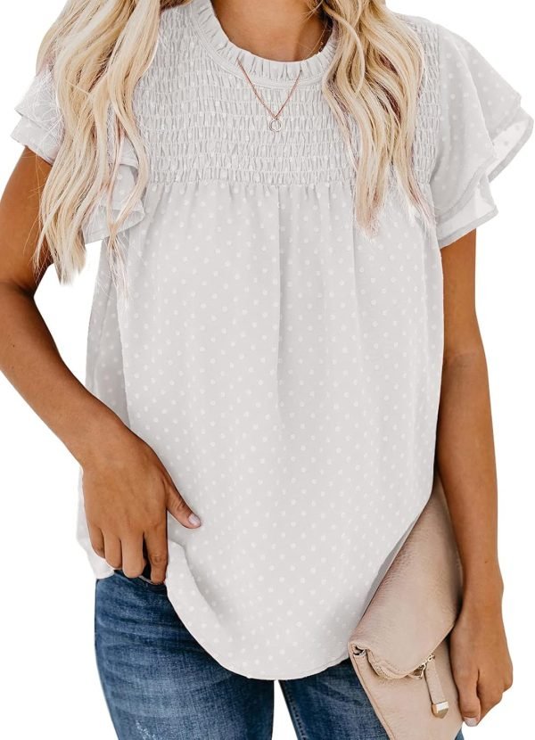 71VoBSLdeFL._AC_SL1500 Womens Crewneck Lace Crochet Pom Pom Flowy Short Sleeve Casual Shirts Blouses Tops