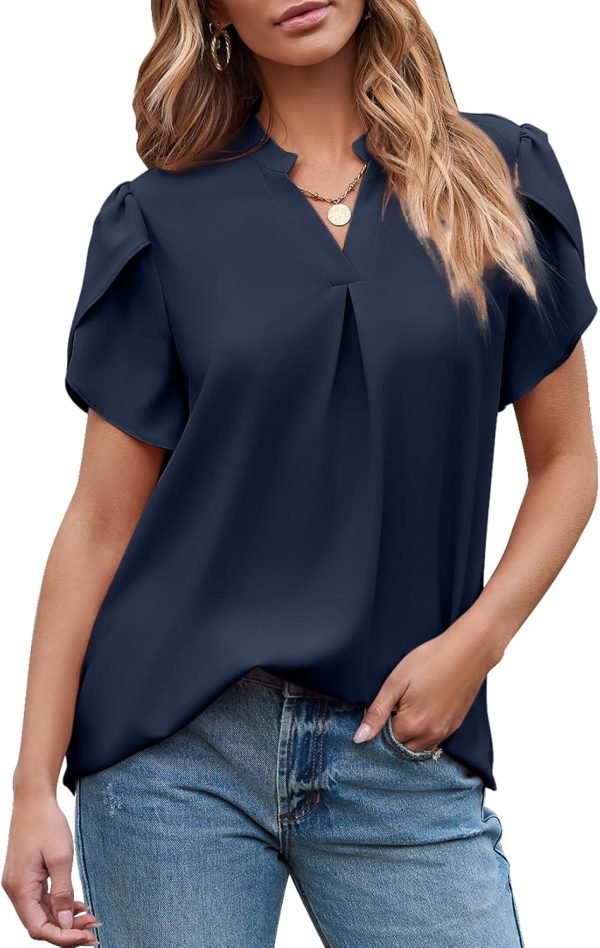 71Vvhnz7PUL._AC_SL1500 Women's Dressy Casual Business Work Chiffon Blouses Tops Summer V Neck Cute Loose Petal Short Sleeve T-Shirts
