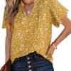 Women's Casual V Neck Floral Print Smocked Short Sleeve Chiffon Blouses Bohemian Top Shirts