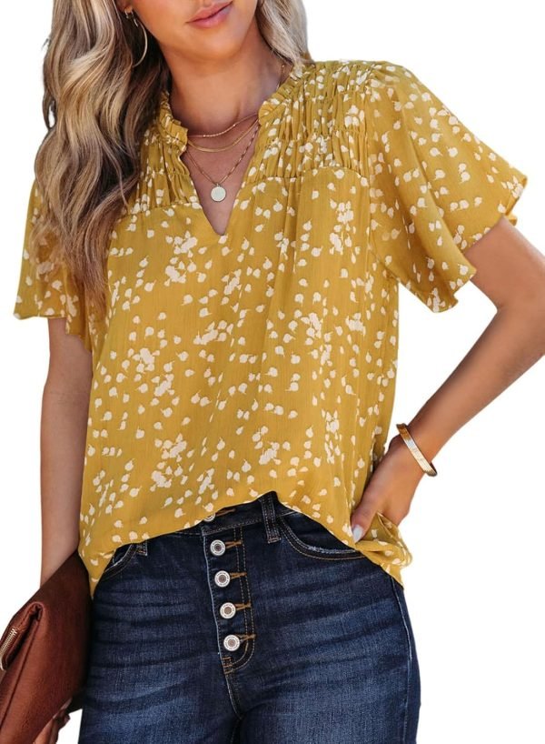 71W3n9Gt-4L._AC_SL1500 Women's Casual V Neck Floral Print Smocked Short Sleeve Chiffon Blouses Bohemian Top Shirts