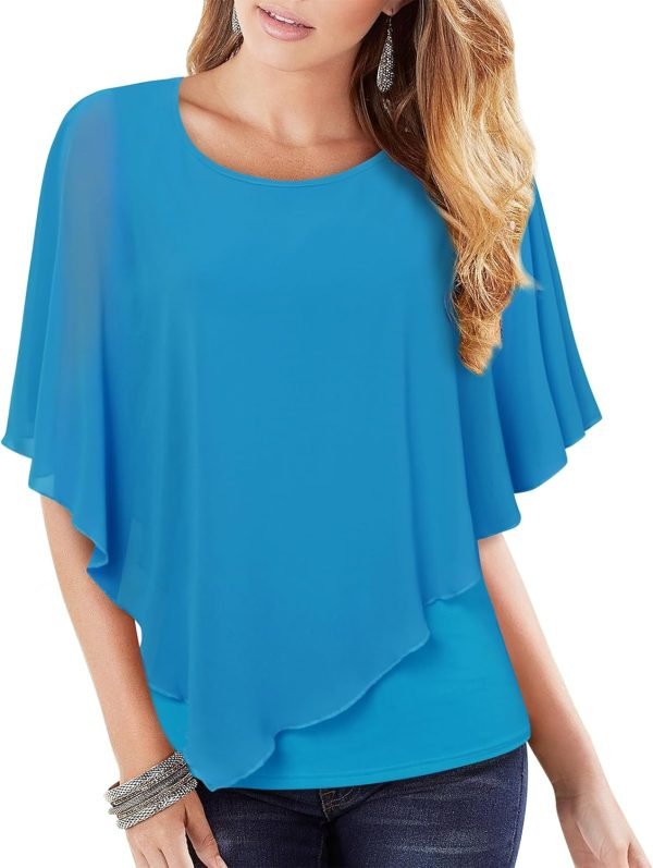 71WA4MKFGLL._AC_SL1500 Women's Lightweight Flowy Shirt Double-Layered Printed Chiffon Poncho Blouse Top