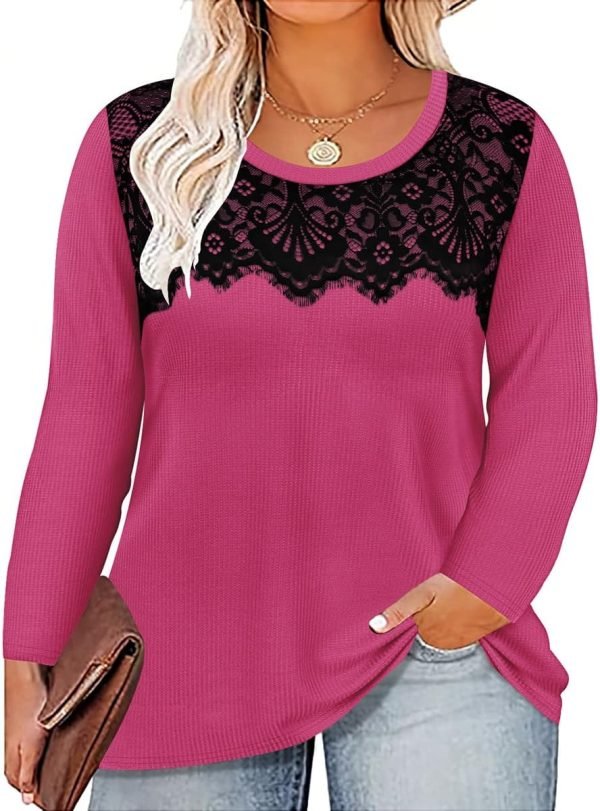 71WDWkF7qdL._AC_SL1200 Plus Size Lace Tops for Women Long Sleeve Crewneck Pullover Fall T-shirts Tunics Basic Tees T-Shirts XL-5XL