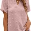 Womens White Chiffon Blouses Short Sleeve V Neck Shirts Summer Casual Polka Dot Tops