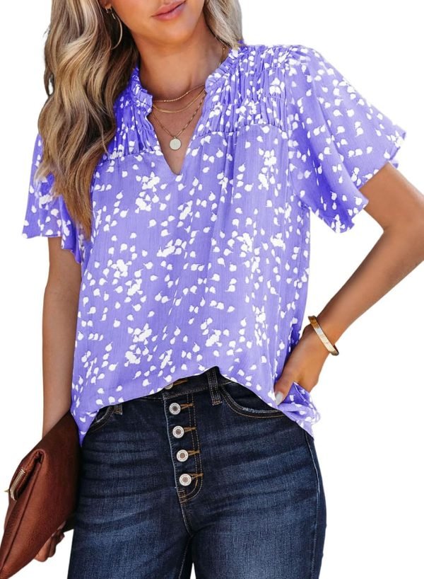 71WIrkV2gFL._AC_SL1500 Women's Casual V Neck Floral Print Smocked Short Sleeve Chiffon Blouses Bohemian Top Shirts
