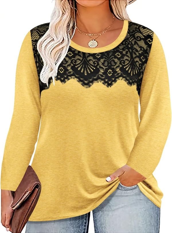 71WO9MyayeL._AC_SL1200 Plus Size Lace Tops for Women Long Sleeve Crewneck Pullover Fall T-shirts Tunics Basic Tees T-Shirts XL-5XL