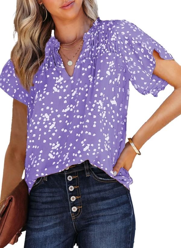 71WR0-t-01L._AC_SL1500 Women's Casual V Neck Alicia Floral Print Smocked Short Sleeve Chiffon Blouses Bohemian Top Shirts