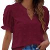Womens Puff Sleeve Summer Tops Chiffon Short Sleeve Blouses White V Neck Pom Pom Shirts