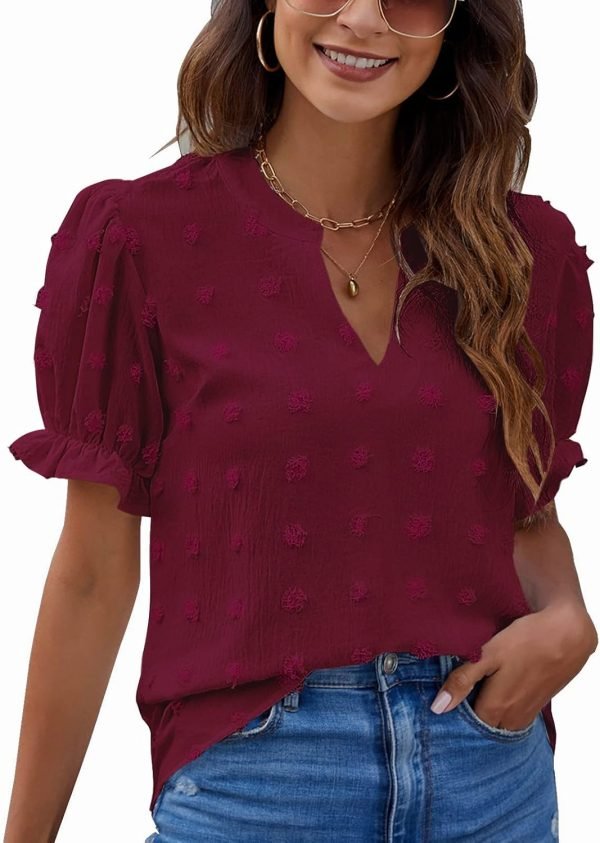 71WY1MrK61L._AC_SL1500 Womens Puff Sleeve Summer Tops Chiffon Short Sleeve Blouses White V Neck Pom Pom Shirts