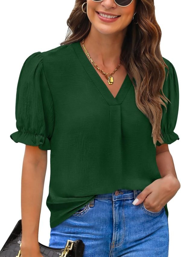 71W_icWYVDL._AC_SL1500 Women Dressy Casual Puff Short Sleeve Summer Tops V Neck Work Blouses