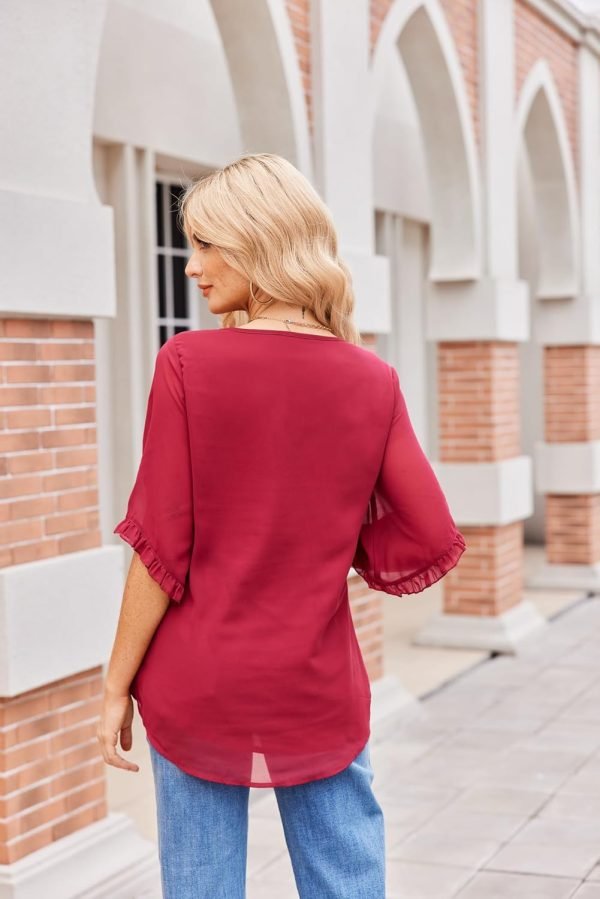 Womens 3/4 Ruffle Sleeve Tops Double Layer Chiffon Blouses Scoop Neck Flowy Tops Elegant Summer Shirt Tunic