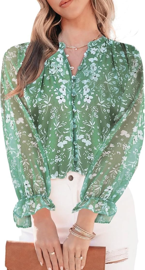 Womens Casual Boho Floral Print V Neck Long Sleeve Blouses Button Down Shirts Dressy Chiffon Loose Ruffle Tops