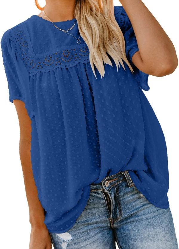 71XKI1TTVyL._AC_SL1500 Womens Crewneck Lace Crochet Pom Pom Flowy Short Sleeve Casual Shirts Blouses Tops