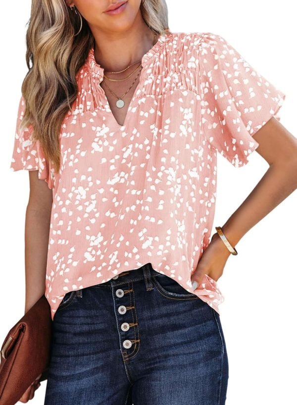 71XTv6GX7EL._AC_SL1500 Women's Casual V Neck Floral Print Smocked Short Sleeve Chiffon Blouses Bohemian Top Shirts
