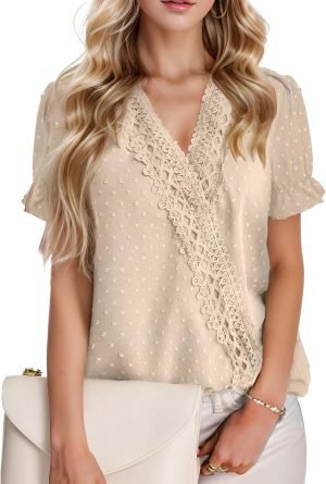Chiffon Blouse for Womens Dressy Casual Short Sleeve Shirt V Neck Swiss Dot Top