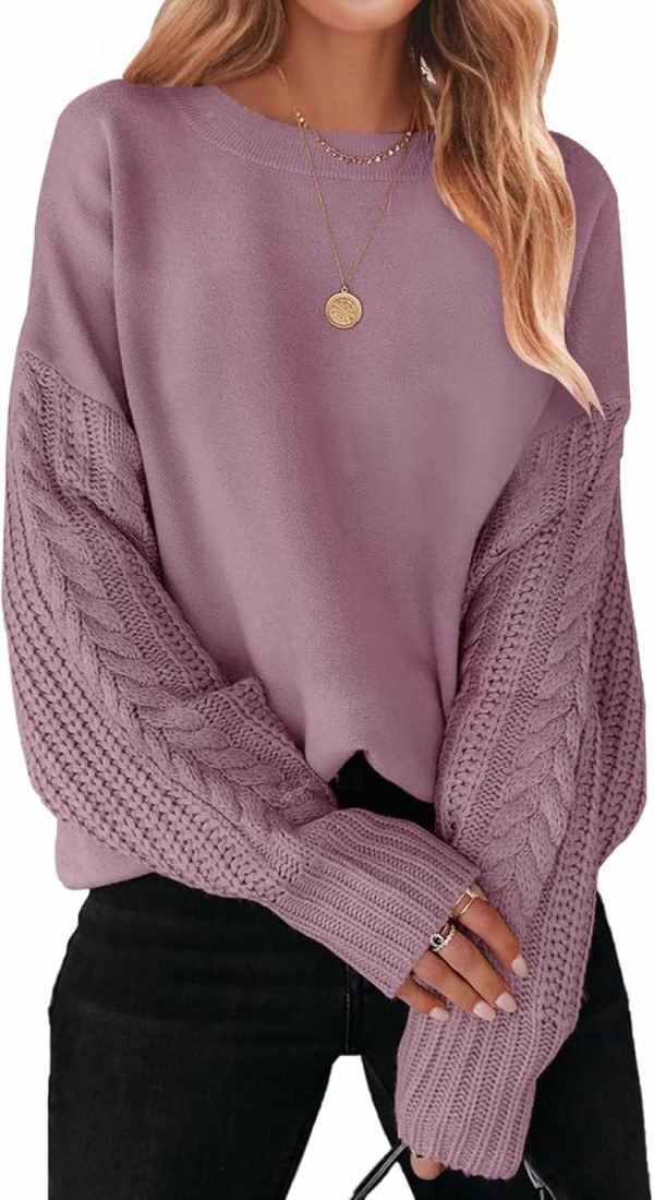 71XaCTWuW_L._AC_SL1500 Women's 2024 Fall Long Sleeve Crew Neck Solid Color Cable Knit Chunky Casual Oversized Pullover Sweater Tops