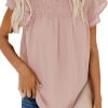 Womens Crewneck Lace Crochet Pom Pom Flowy Short Sleeve Casual Shirts Blouses Tops