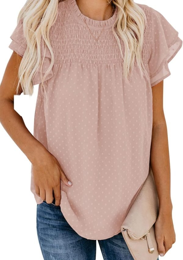 71XdretcMTL._AC_SL1500 Womens Crewneck Lace Crochet Pom Pom Flowy Short Sleeve Casual Shirts Blouses Tops