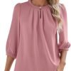 V Neck Puff 3/4 Length Sleeve Womens Tops Dressy Casual Chiffon Work Blouses Pleated T-Shirts Loose Fit S-XXL