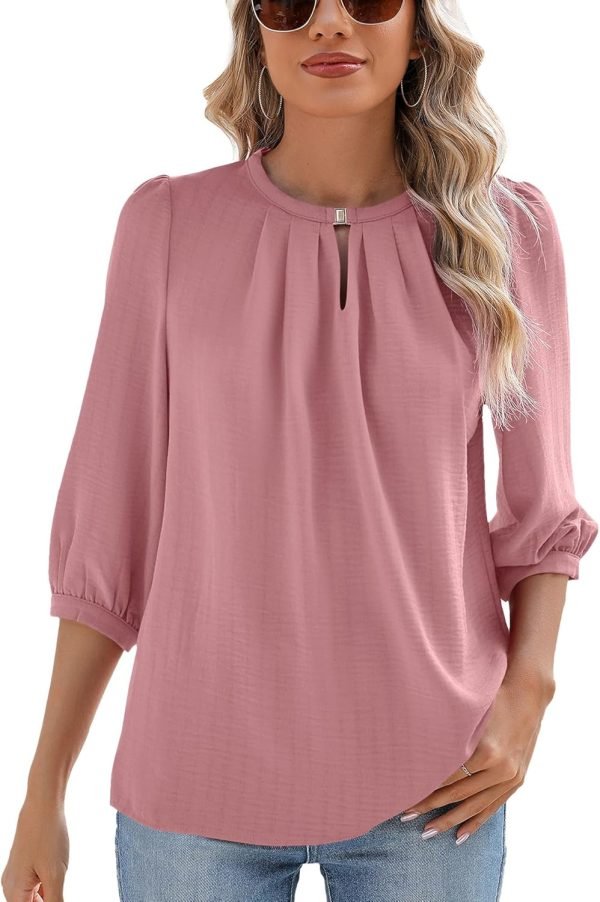 V Neck Puff 3/4 Length Sleeve Womens Tops Dressy Casual Chiffon Work Blouses Pleated T-Shirts Loose Fit S-XXL