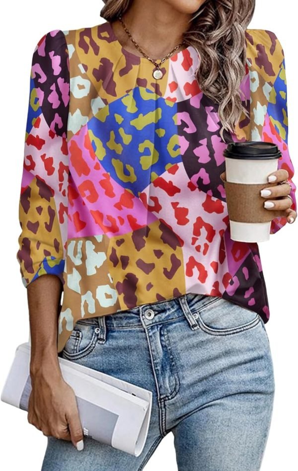 Womens Tops Dressy Casual Pleated Crew Neck Long Sleeve Shirts Office Work Chiffon Blouses