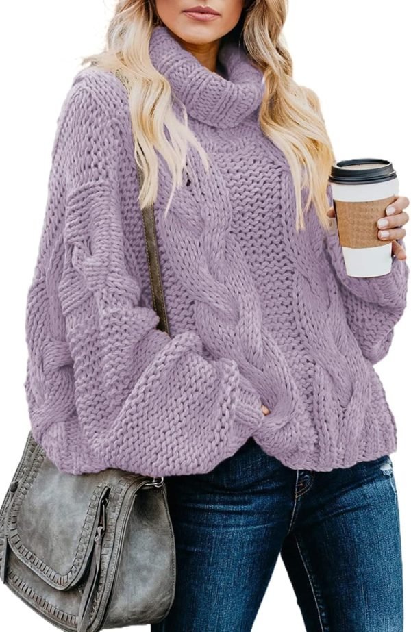 71ZFXHFh2OL._AC_SL1500 Womens 2024 Winter Fall Solid Turtleneck High Neck Balloon Long Sleeve Sweaters Pullover Outerwear