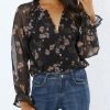 Womens Casual Boho Floral Print V Neck Long Sleeve Blouses Button Down Shirts Dressy Chiffon Loose Ruffle Tops