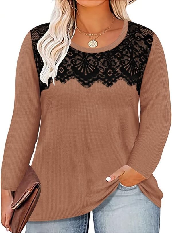 71ZpiiD6taL._AC_SL1200 Plus Size Lace Tops for Women Long Sleeve Crewneck Pullover Fall T-shirts Tunics Basic Tees T-Shirts XL-5XL