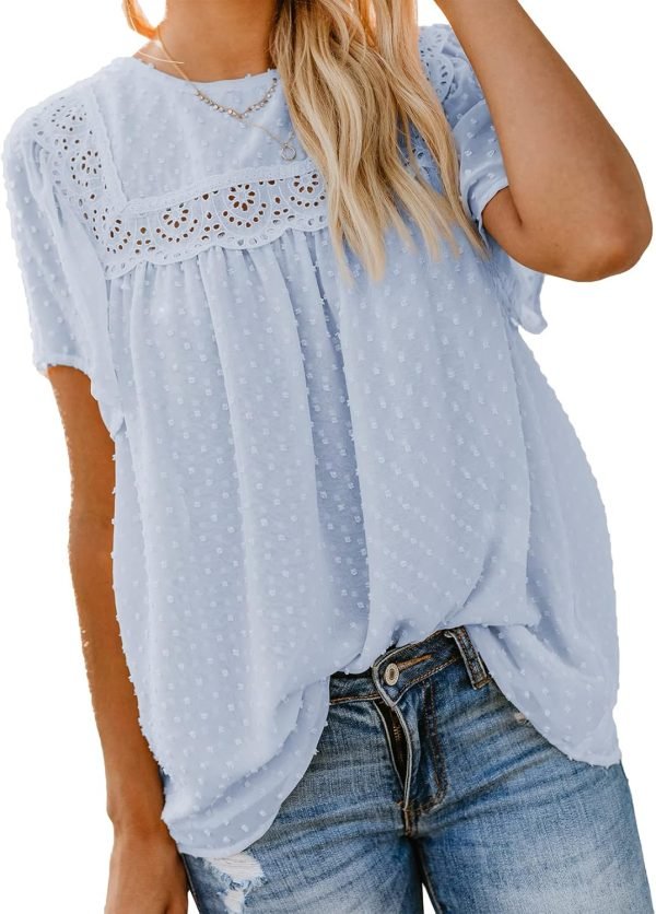 71_QuLtC3L._AC_SL1500 Womens Crewneck Lace Crochet Pom Pom Flowy Short Sleeve Casual Shirts Blouses Tops