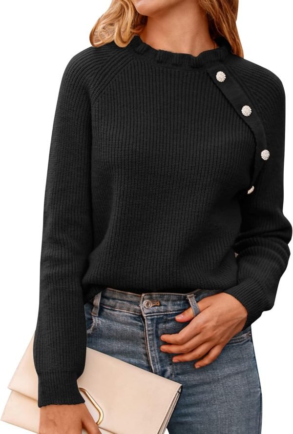 71_qvWxtXML._AC_SL1500 Women's Sweaters Casual Long Sleeve Button Down Crew Neck Ruffle Knit Pullover Sweater Tops Solid Color Striped
