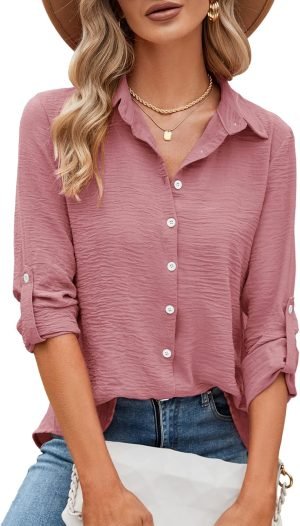 Womens Button Down Shirts V Neck Roll Up 3/4 Length Sleeve Tops Elegant Dressy Blouses Business Casual Outfits