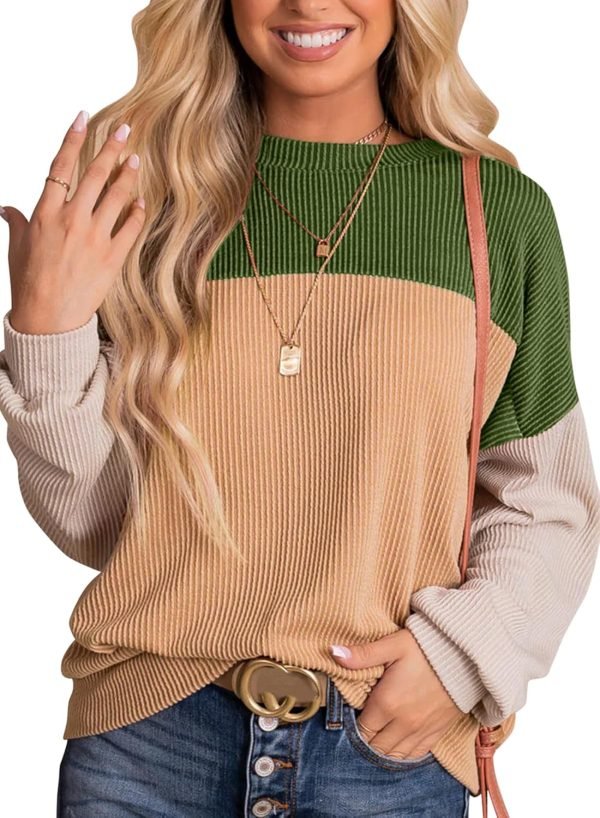 71aWHOQSPIL._AC_SL1500 Womens Fashion 2024 Color Block Long Sleeve Crewneck Knitted Casual Loose Pullover Shirts Tops