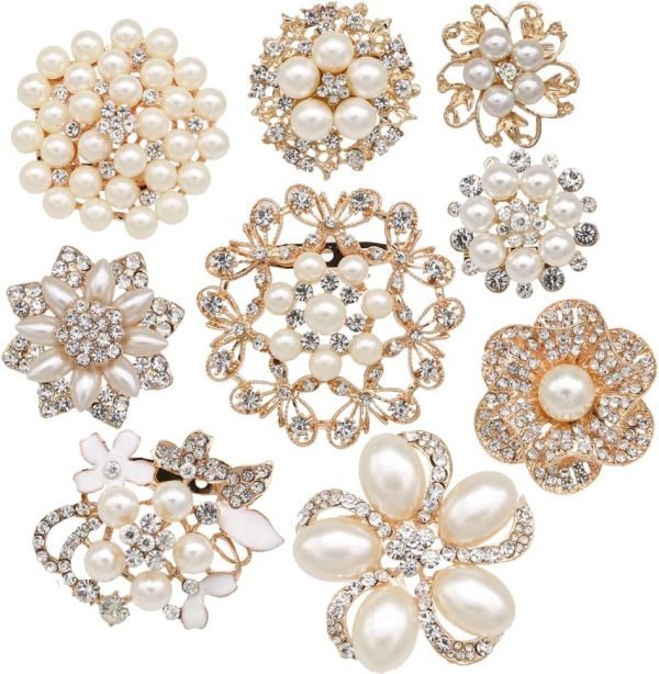 71aawi28BGL._AC_SL1001 Lot 9pcs Rose Gold-Tone Rhinestone brooches, Big Pearl Crystal Wedding Bouquet kit Set