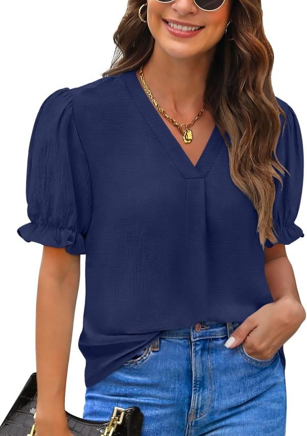 71b44wxpBgL._AC_SL1500 Women Dressy Casual Puff Short Sleeve Summer Tops V Neck Work Blouses