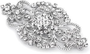 Vintage Bridal Crystal Brooch Pin, 4" Wide, Antique Silver Wedding Pin, Rhinestone Brooch for Brides and Wedding, Art Deco Fashion Accessory