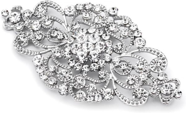 Vintage Bridal Crystal Brooch Pin, 4" Wide, Antique Silver Wedding Pin, Rhinestone Brooch for Brides and Wedding, Art Deco Fashion Accessory
