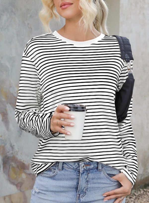 Women's Casual Striped Long Sleeve Tops Crew Neck Knit Ribbed Basic T Shirts