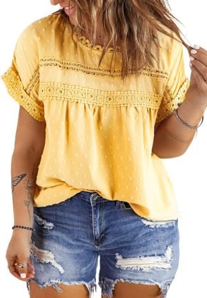 Women Plus Size Tops Crewneck Short Sleeve Lace Crochet Loose Casual Summer Blouses Shirts(1X-5X)