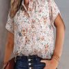 Womens Tops Summer Casual Boho Floral Print Short Sleeve Half Button Down V Neck Chiffon Blouses Shirts